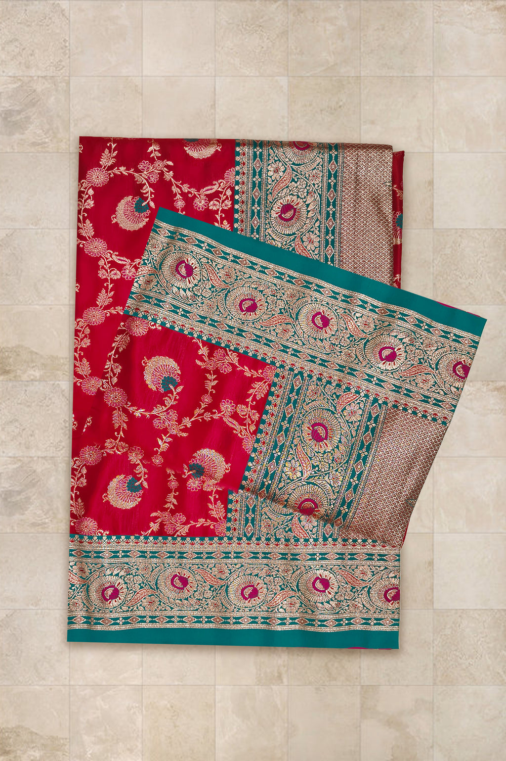 Crimson Elegance - Red Minakari Silk Saree