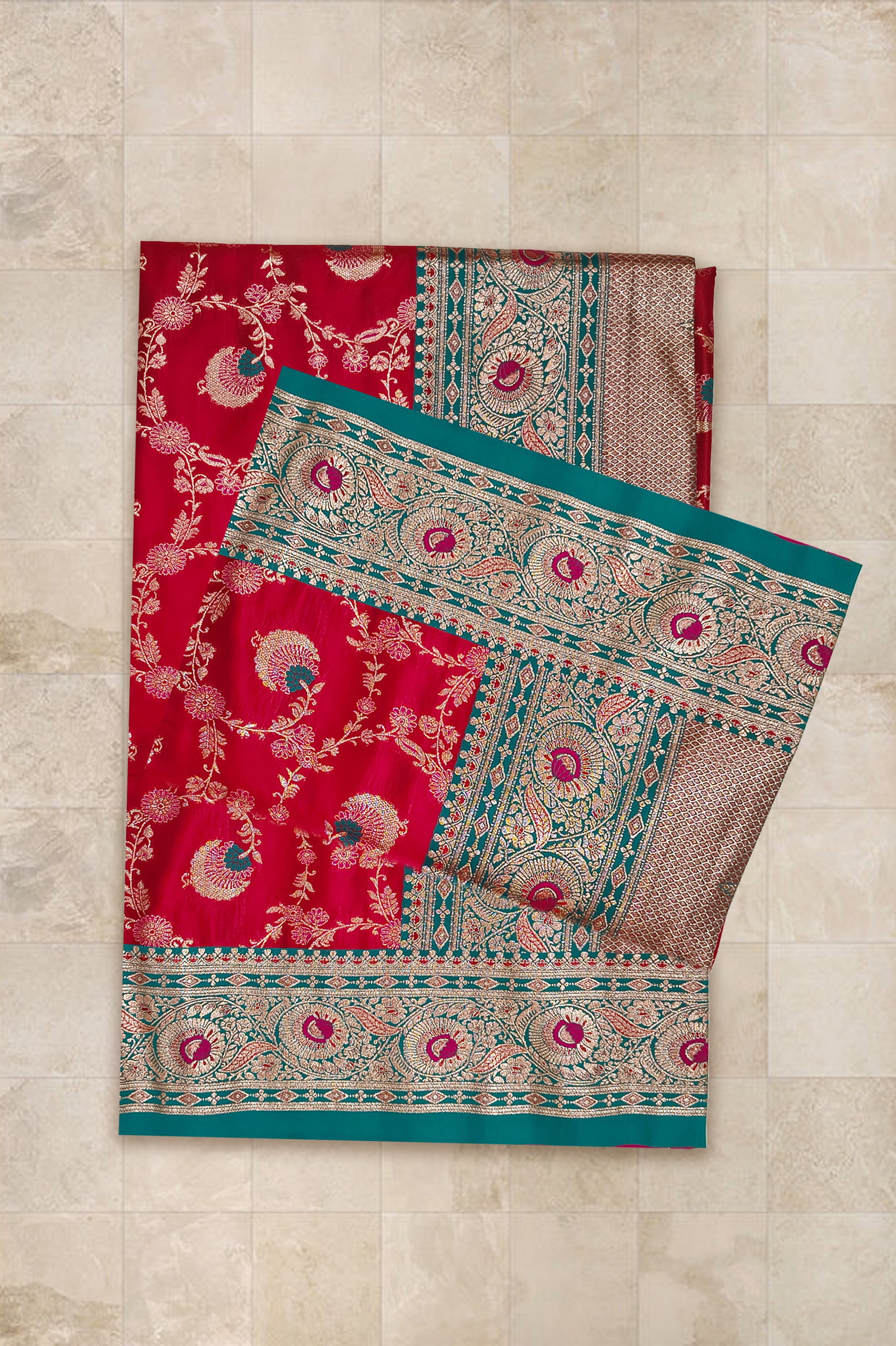 Crimson Elegance - Red Minakari Silk Saree