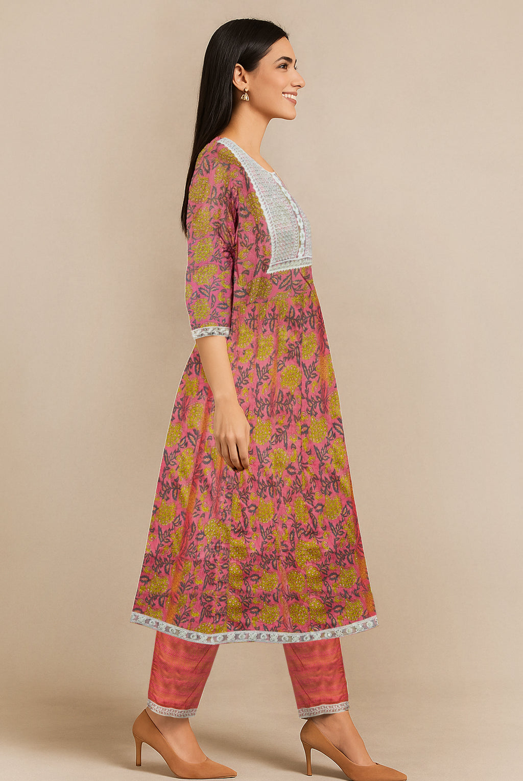 Coral Pink Floral Anarkali Kurti Set