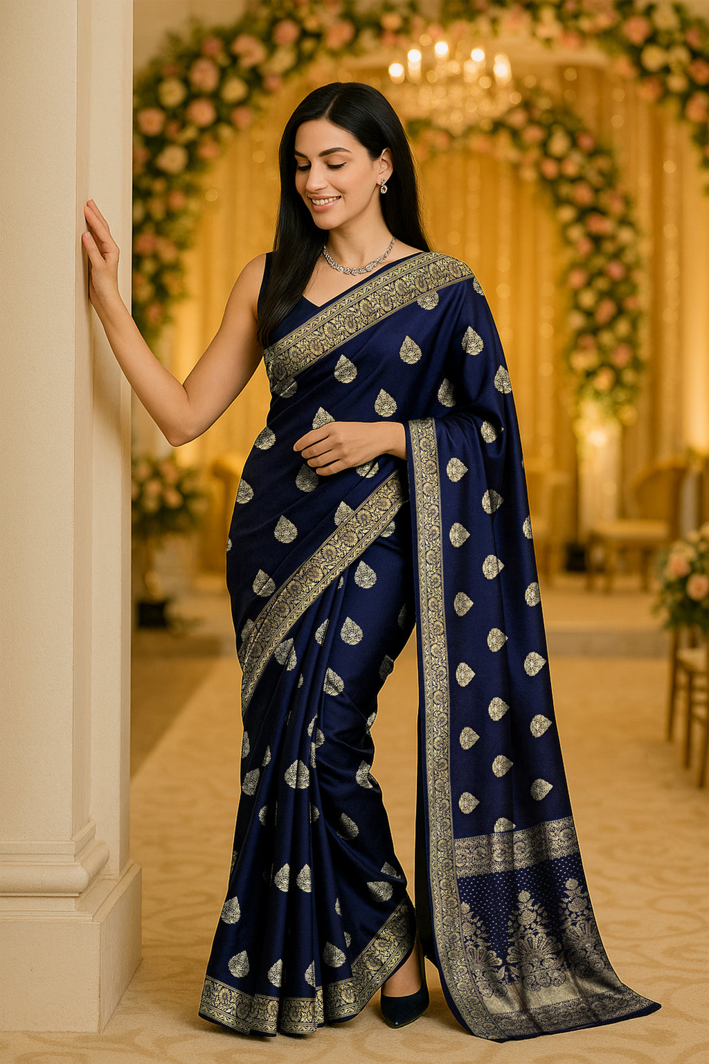 Navy Blue Chanderi Silk Saree