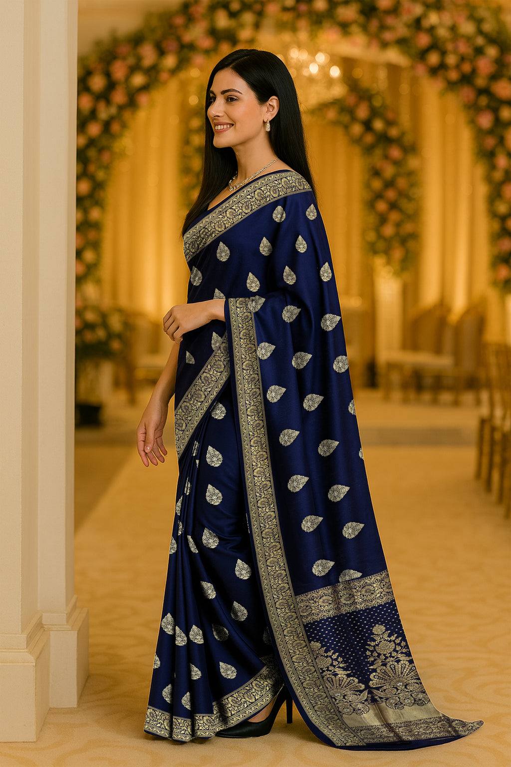 Navy Blue Chanderi Silk Saree
