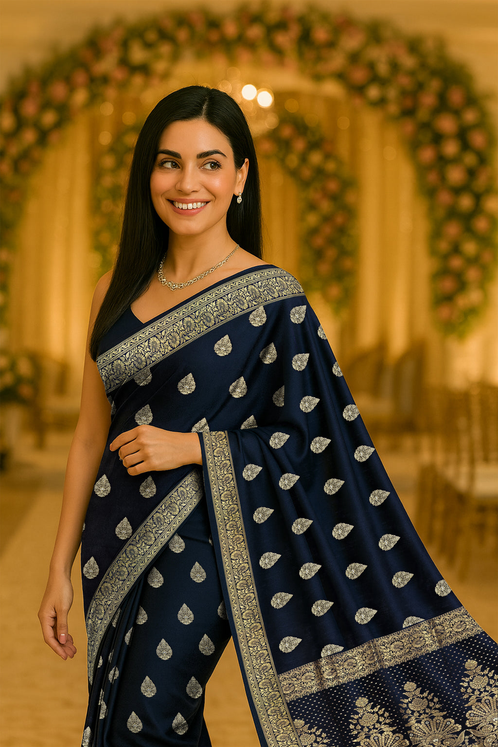 Navy Blue Chanderi Silk Saree