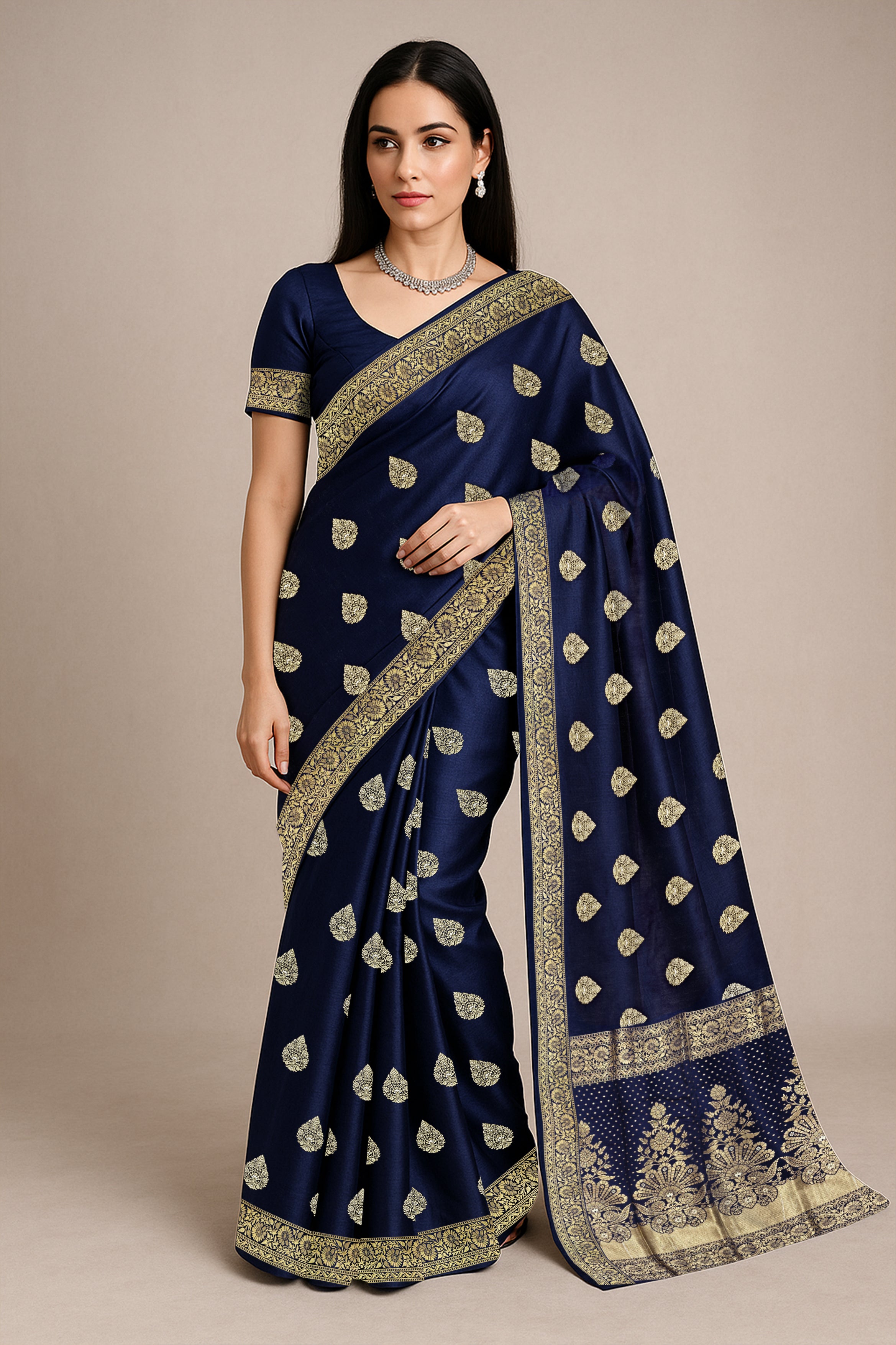 Navy Blue Chanderi Silk Saree