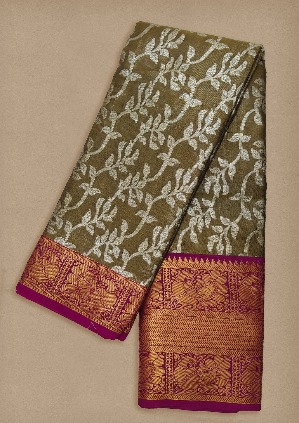 Sap Green Silk Saree with Silver Vine Motifs