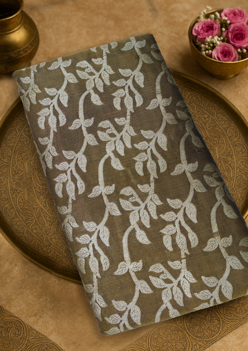 Sap Green Silk Saree with Silver Vine Motifs