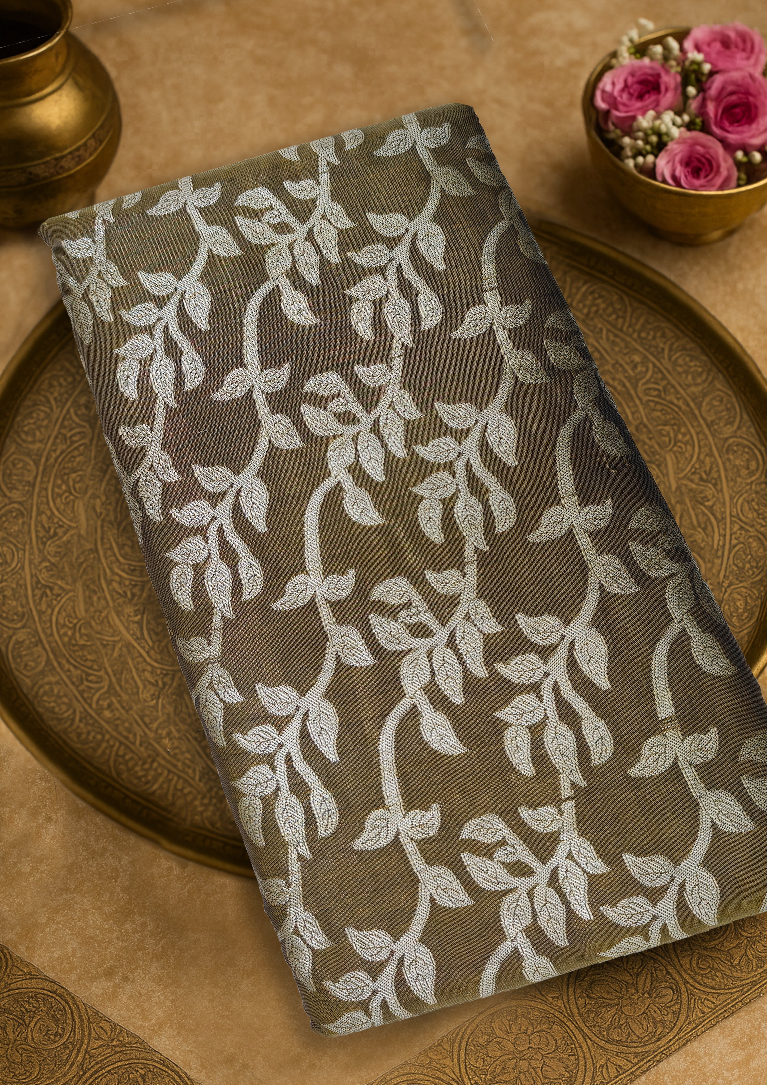 Sap Green Silk Saree with Silver Vine Motifs