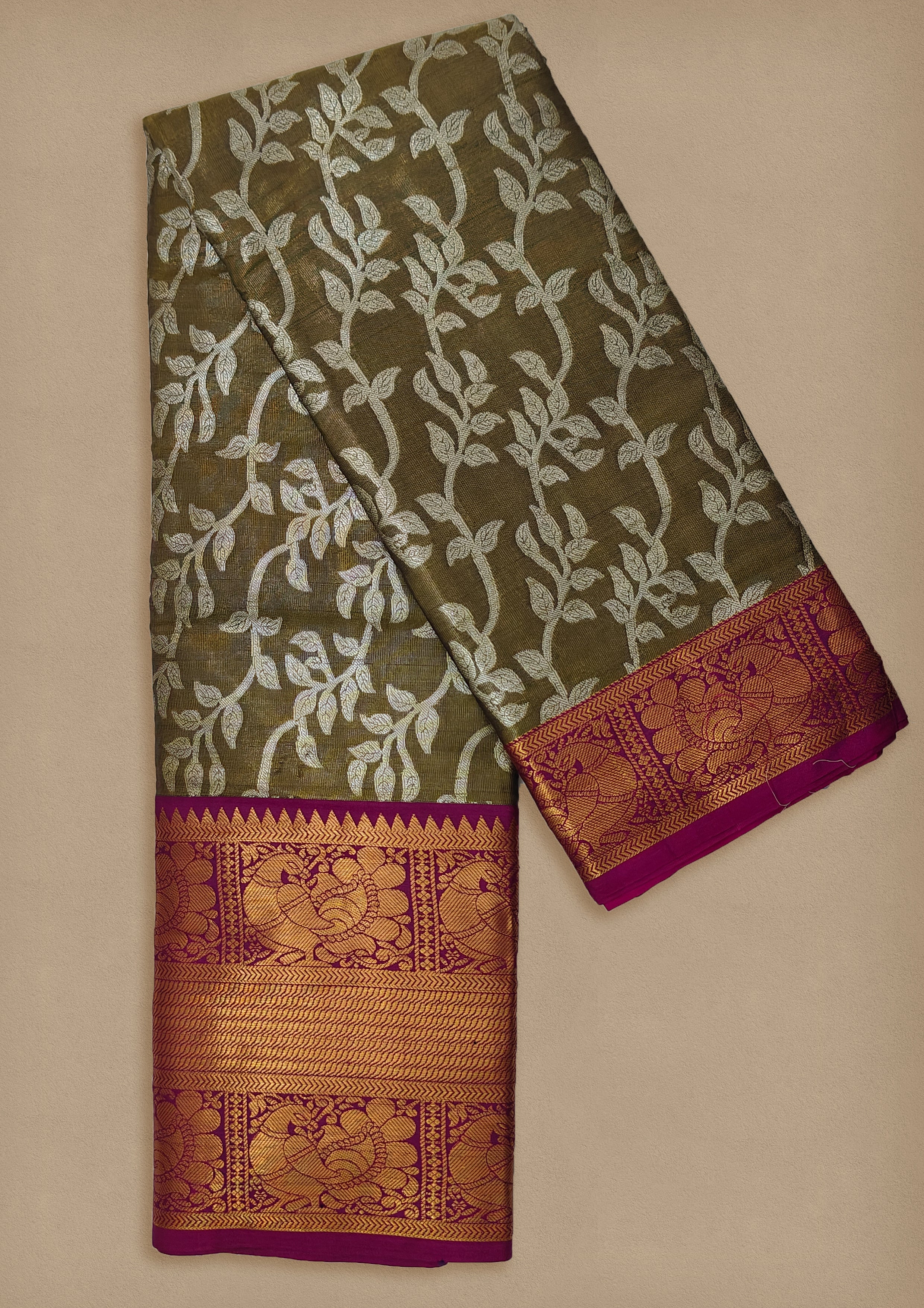 Sap Green Silk Saree with Silver Vine Motifs