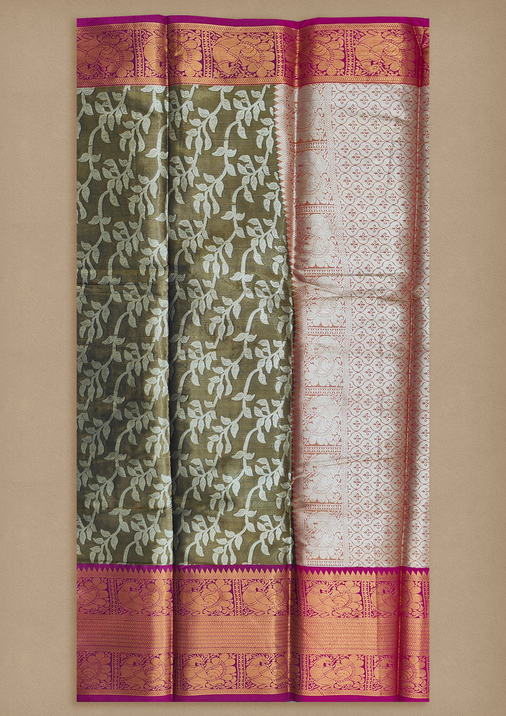 Sap Green Silk Saree with Silver Vine Motifs