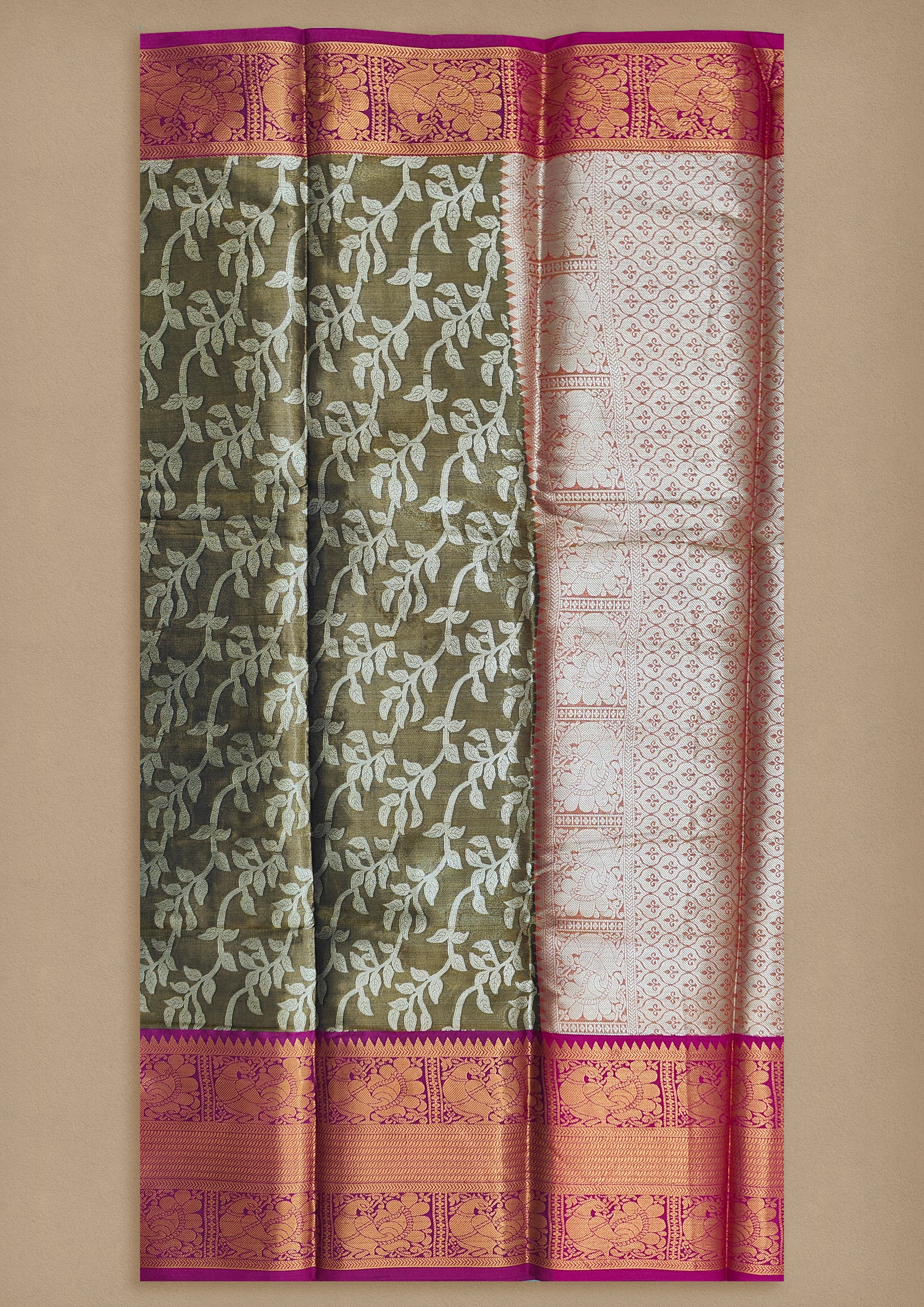 Sap Green Silk Saree with Silver Vine Motifs