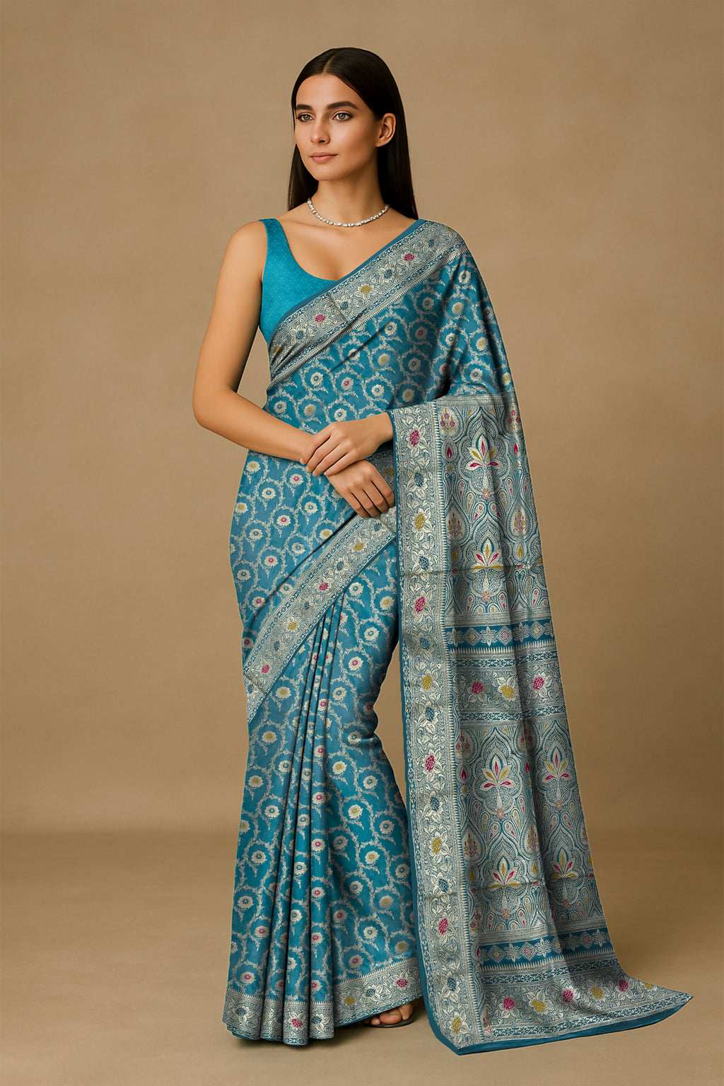 Teal Blue Minakari Banarasi Silk Saree