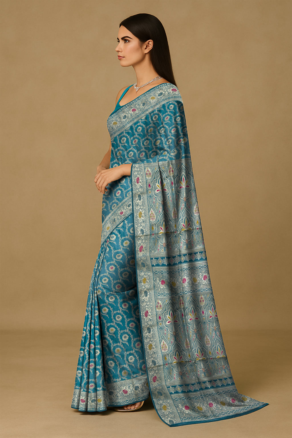 Teal Blue Minakari Banarasi Silk Saree