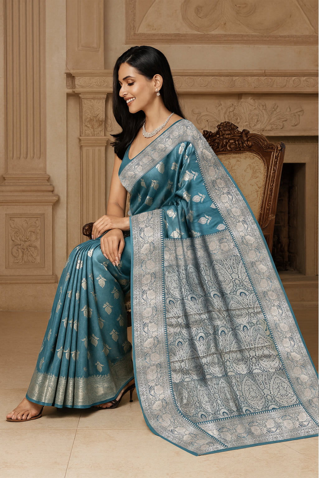 Teal Blue Silver Zari Silk Saree