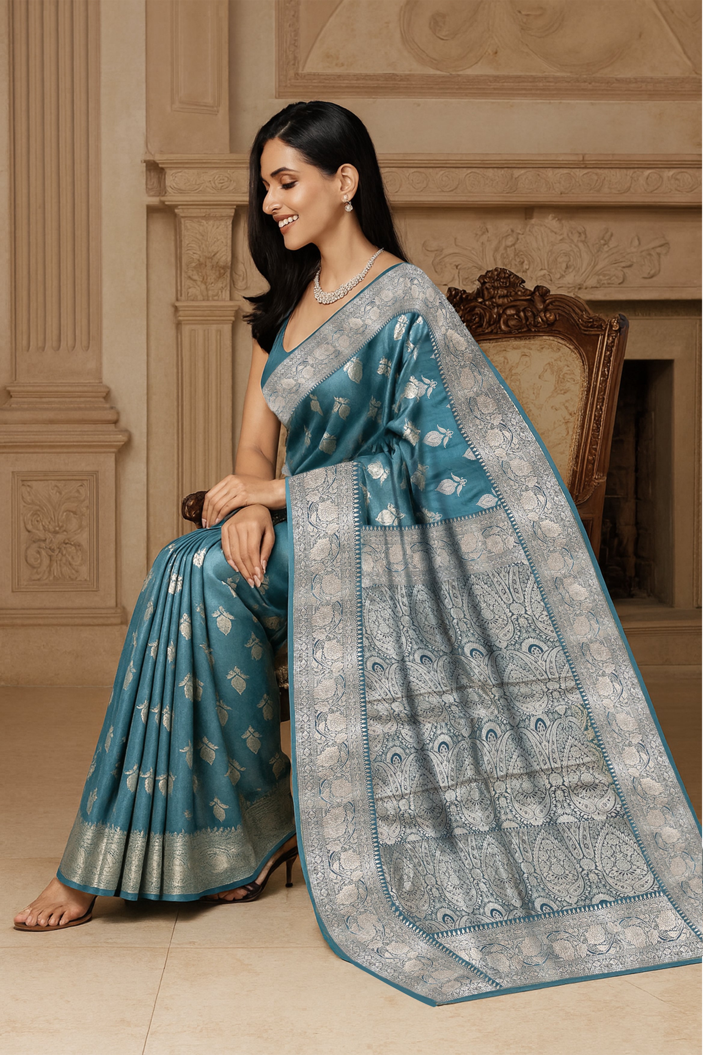 Teal Blue Silver Zari Silk Saree
