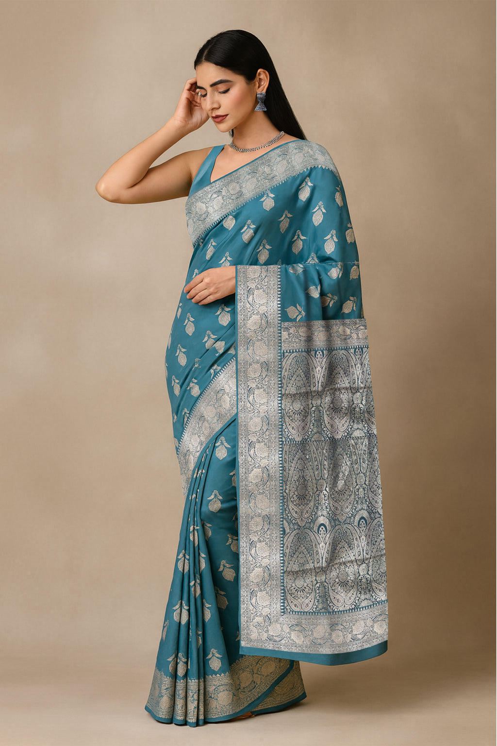 Teal Blue Silver Zari Silk Saree