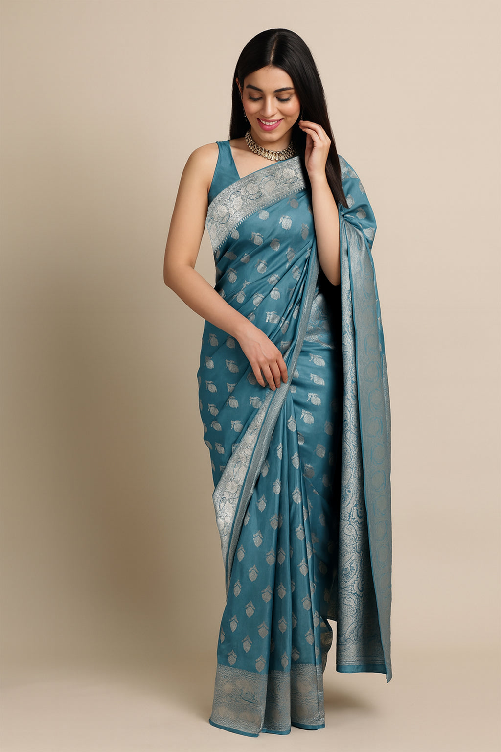 Teal Blue Silver Zari Silk Saree