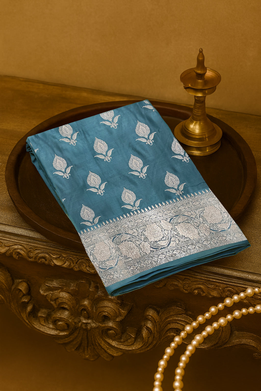 Teal Blue Silver Zari Silk Saree