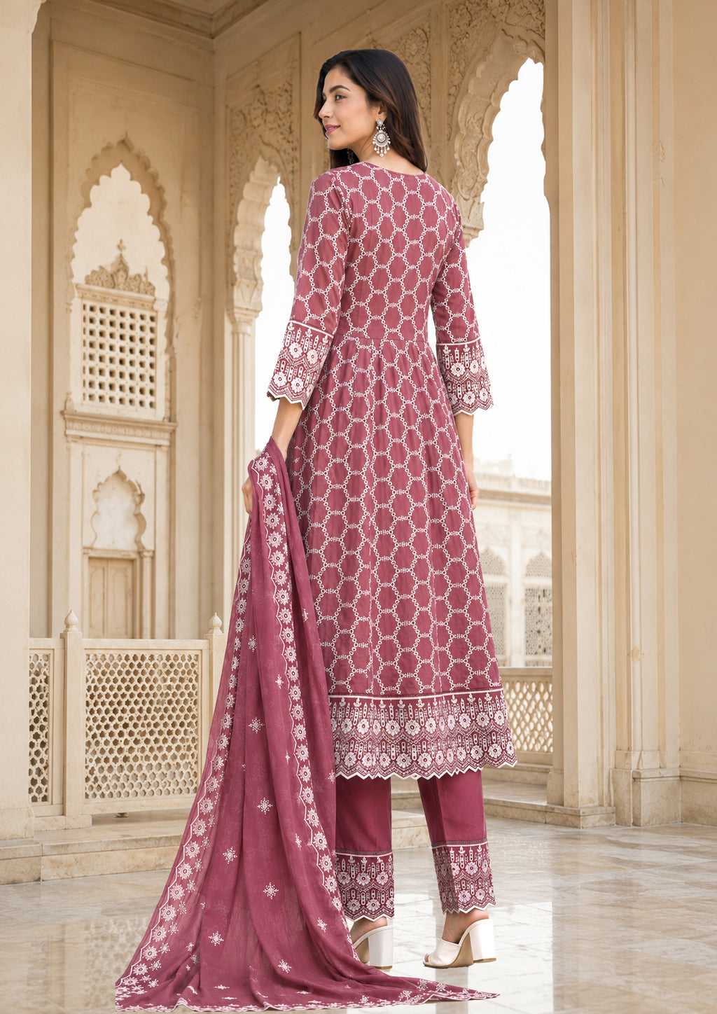 Women's Dusty Rose Printed Kurta Pant & Dupatta Set