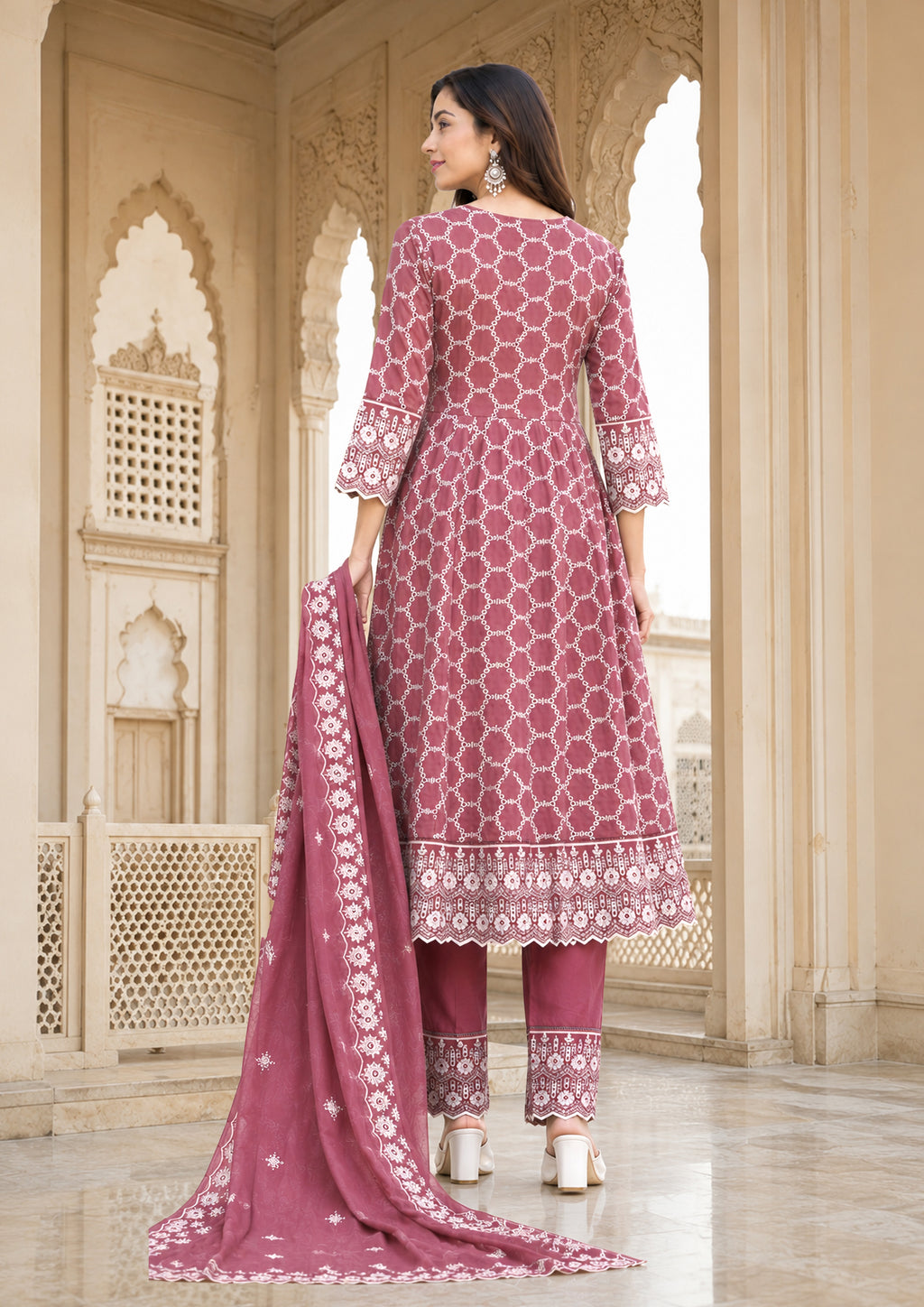 Women's Dusty Rose Printed Kurta Pant & Dupatta Set