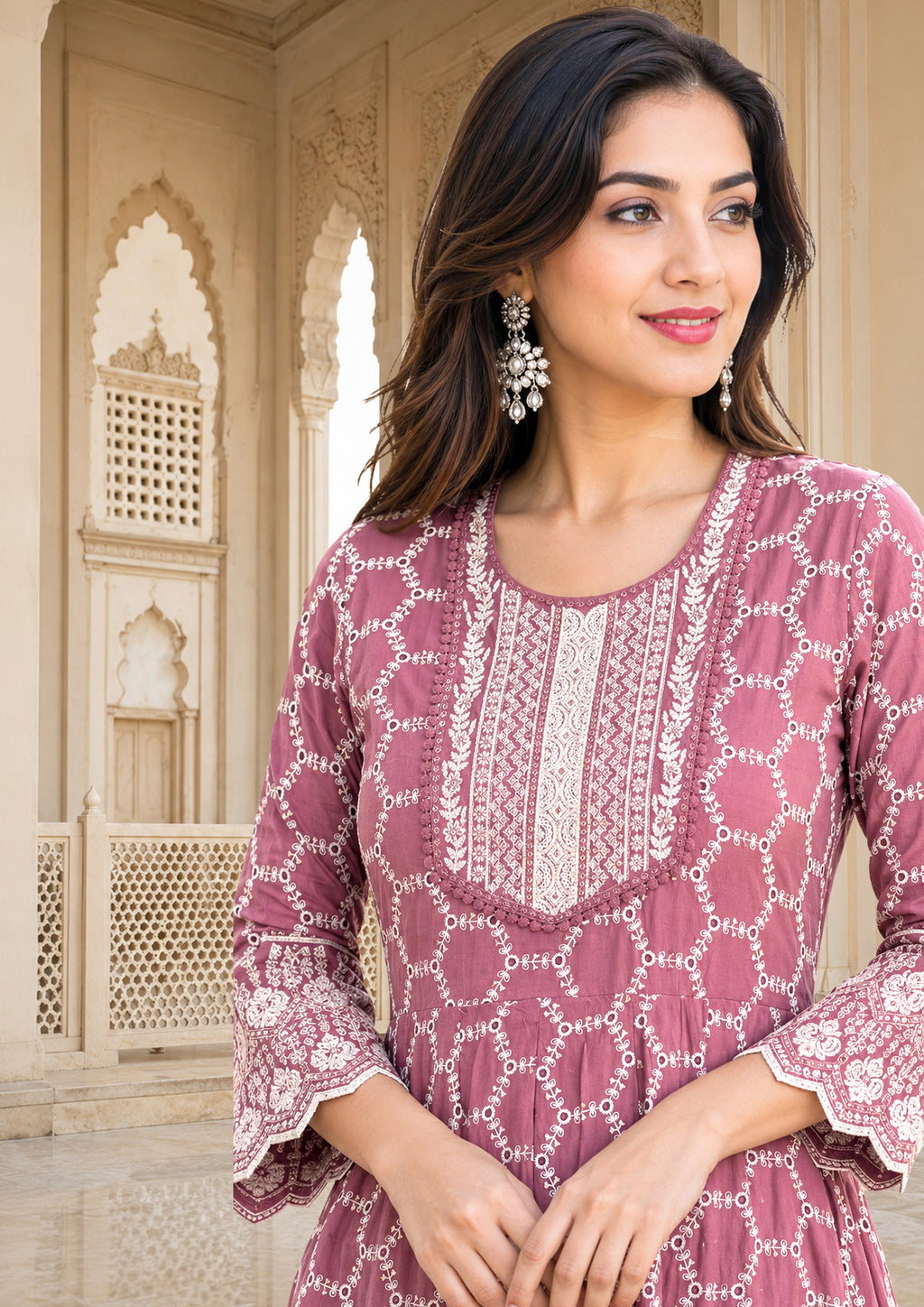 Women's Dusty Rose Printed Kurta Pant & Dupatta Set