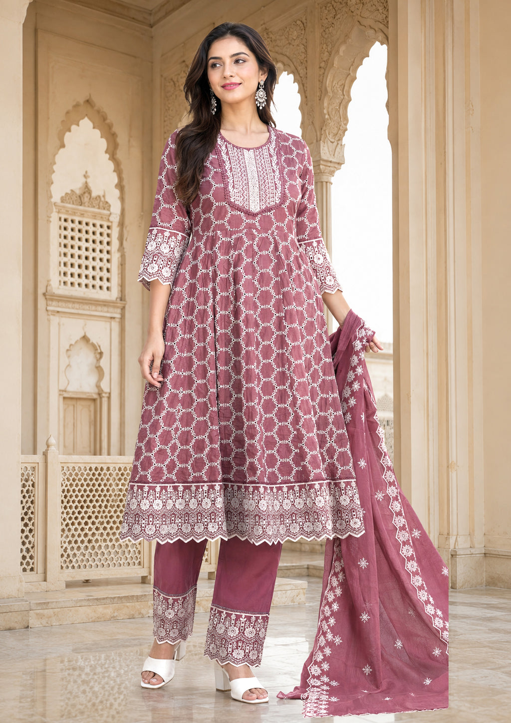 Women's Dusty Rose Printed Kurta Pant & Dupatta Set