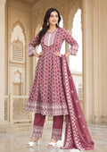 Women's Dusty Rose Printed Kurta Pant & Dupatta Set