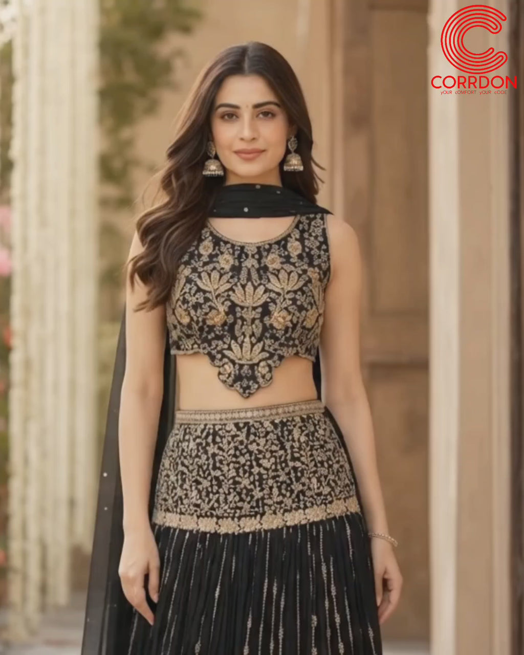 Black & Antique Gold Embellished Lehenga Choli with Dupatta -Large