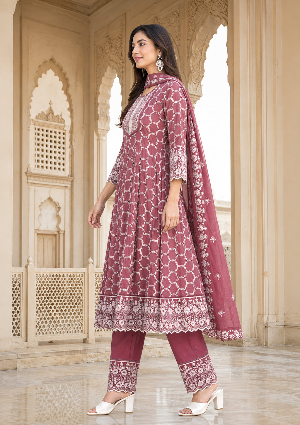 Women's Dusty Rose Printed Kurta Pant & Dupatta Set